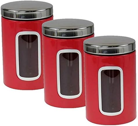 AQS INTERNATIONAL Stainless Steel Large Tea Coffee Sugar Mirror Kitchen Storage Jars Canisters Set, 11cm Diameter, 17cm High (Red)