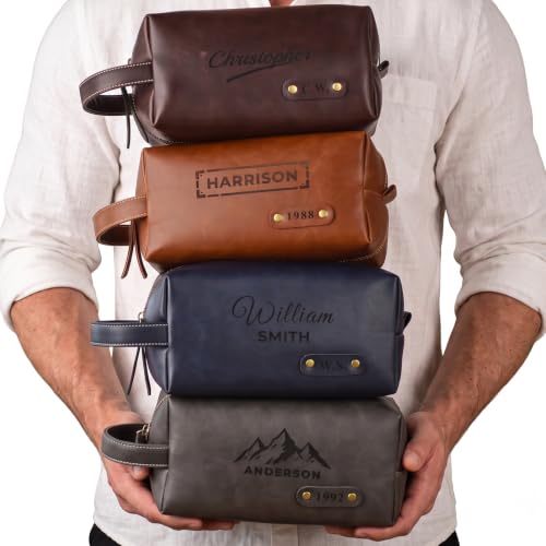 Image of Personalised Mens Wash Bag, Leather Toiletry Bag for Men, Travel Dopp Kit