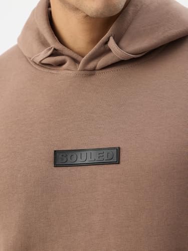 Image of The Souled Store Desert Dune Men and Boys Full Sleeves Hooded Neck Brown Solid Cotton Blend Oversized Fit Winter Hoodie