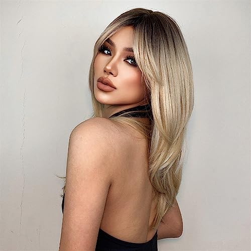 Perruque synthétique droite blonde dorée haute résistance thermique