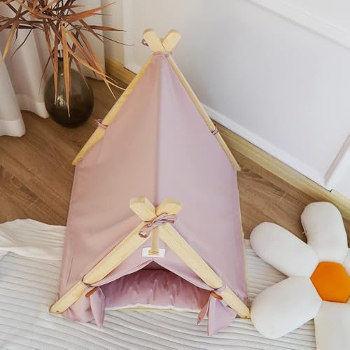 Solid Wood Cat Indoor Tent with Thick Mat,Portable Dog House Dog Teepee Tent,Cute Cat Teepee Cave Cat Bed,Dog Bed (Pink, M) - Image 4