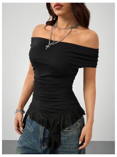 SweatyRocks Women's Ruffle Off The Shoulder T Shirts Ruched Asymmetrical Hem Short Sleeve Mesh Y2k Tops4