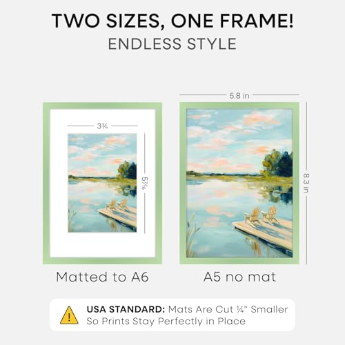 Image of Homeforia A5 Green Picture Frame, High-End Metal, A6 Mat, Glass | High End Aluminum, Tempered Glass, Acid-Free A6 Removable Mat, A5 Edge-to-Edge Display, Wall Kit, Set Of 1