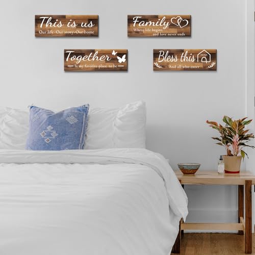 4 Pieces Home Wall Signs, THIS IS US/TOGETHER/BLESS THIS HOME/FAMILY Wall Decor For Living Room Bedroom, Rustic Wooden Farmhouse Wall Art , 4.7 x 13.8 Inch(Brown) - Image 4