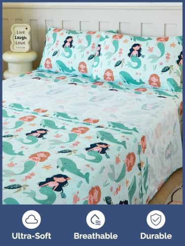 Image of Kids Full Size Mermaid Bed Sheets - 4 Piece Kids Mermaid Sheet Set - Ocean Sea Bedding - Ultra-Soft, Cute & Cozy - Breathable & Machine Washable - Underwater Bed Set for Boys, Girls, Teens & Toddlers