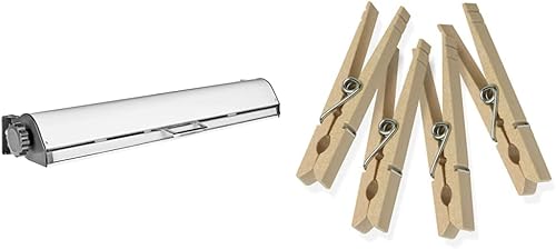 Honey-Can-Do 5 líneas retráctiles para exteriores DRY-03113 White & DRY-01376 Pinzas de ropa de madera con resorte, paquete de 100, 3.3 pulgadas de