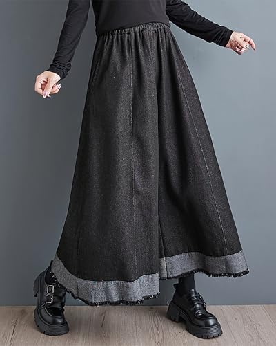 ellazhu Women's Skirt Wide Legs Elastic Waist Black and Grey Flowy Hem Baggy Loose Oversize GZ264 A2