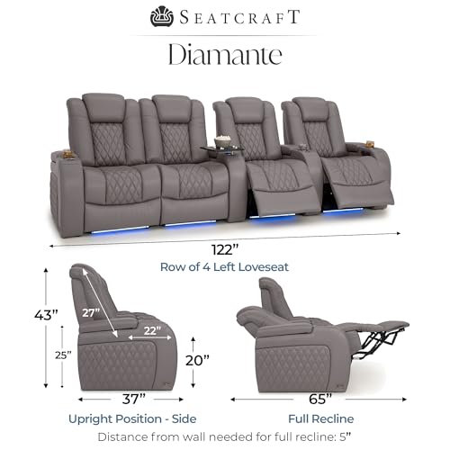 Image of Seatcraft Diamante Home Theater Seating Gray Row of 4 Left Loveseat | Italian Leather, Wall Hugger, Zero Gravity, Powered Headrest, Power Recline, Zero Gap, USB charging