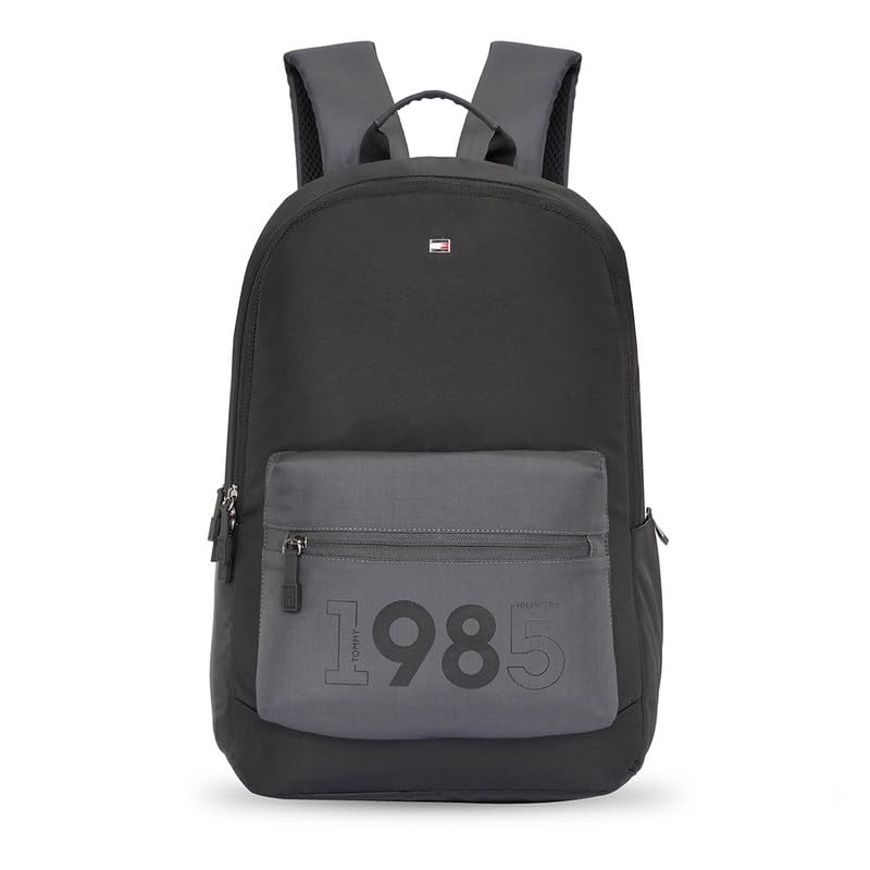 Image of Tommy Hilfiger Bradenton Unisex Casual Backpack - Black+Granite Grey | 23 Capacity | Polyester | Padded & Adjustable | No. Of Compartment: 2 | Zipper Closure