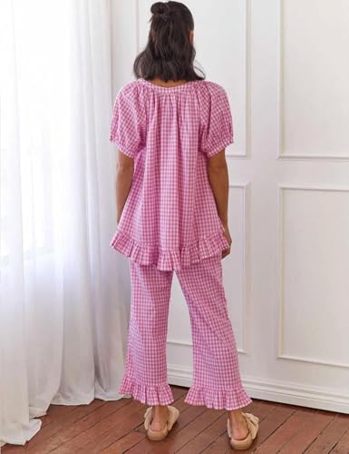 Flygo Womens Plaid 2 Piece Pajamas Sets Gingham Button Down Puff Sleeve Babydoll Shirt Ruffle Pants Y2K Pjs Lounge Set