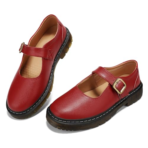 Image of Women's Mary Jane Flat Shoes Comfort Platform Buckle Ankle Strap Flats Breathable Slip On Lightweight Office Work Shoes Burgundy,8 US