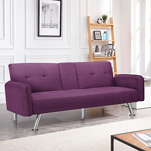Dklgg Futon Sofa Bed Convertible Sofa Couch, Modern Loveseat Sleeper Futon Couch With 2 Cup Holders, Convertible Folding Sofa Bed Small Couch For Living Room, Bedroom, Apartment Or Dorm(Purple) #TOP10