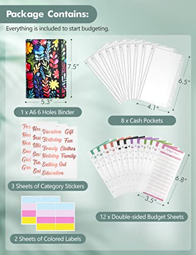 A6 Budget Binder For Money Saving Binder, Pu Leather Budget Planner With 8 Cash Envelopes, Budget Sheets & Rose Gold Category Stickers, Money Organizer For Cash Binder, Gifts For Women Girls (Floral) #TOP1