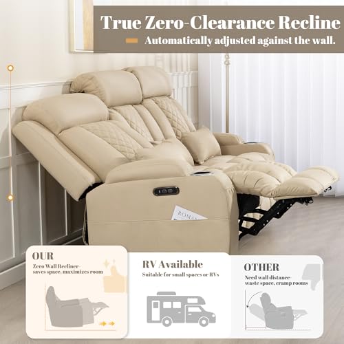 Image of Zero Wall Hugger Power Reclining Sofa with Adjustable Headrest, Electric Reclining Couch with Drop-Down Table,Outlets, Power Loveseat Recliner Sofa for Living Room,RV (Beige, 3 Seat)