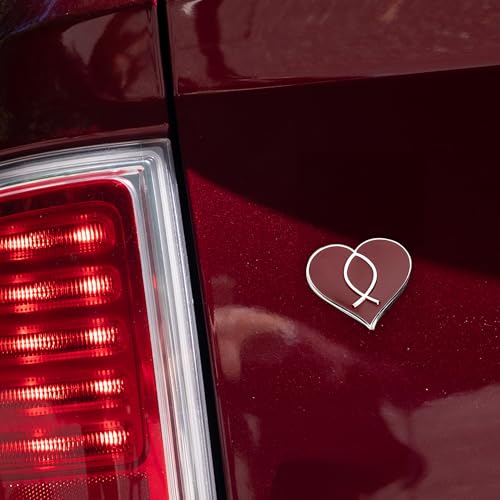 Image of Chrome Metal Christian Jesus Fish and Heart Car /Auto /Truck 3D Emblem Badge Decal - Universal Fit (Red)