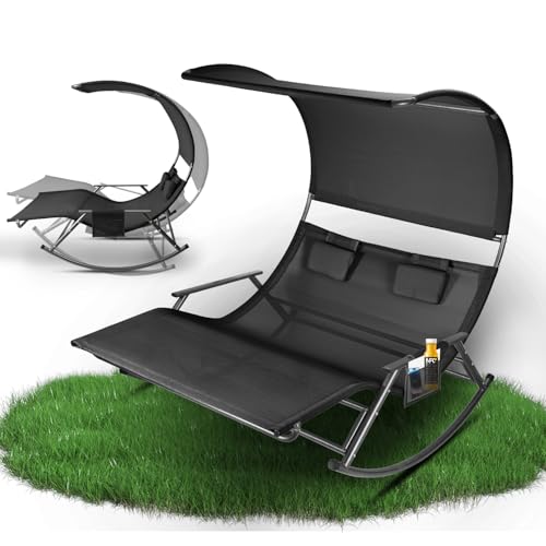 Jaxguom Doppelliege Outdoor, doppel Schaukelliege bis 250 kg, sonnenliege für 2 Personen,mit Sonnendach,Tasche, Atmungsaktives Gewebe, Vielseitige Farbwahl für Garten, Balkon,Terrasse(Schwarz)