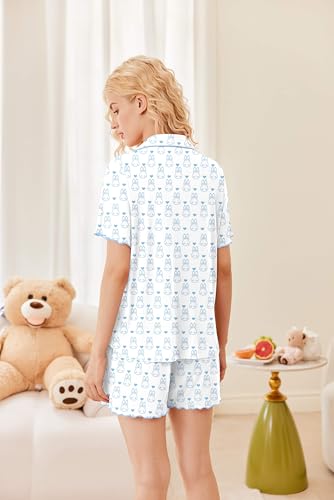 Image of Ekouaer Button Up Pajamas Set for Women Short Sleeve Ribbed Knit Sleepwear 2 Piece Pjs Shorts Set