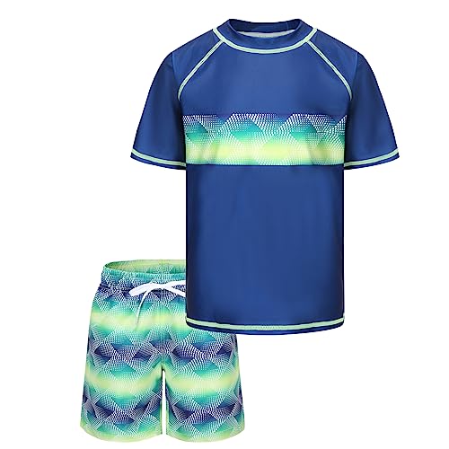 Boys Rash Guard Swimsuits Set for Boys Short Sleeve Swim Shirts with Trunks 2 Piece Quick Dry Swim Set Navy Gradiemt Fantasy Size 8/7-8 Years