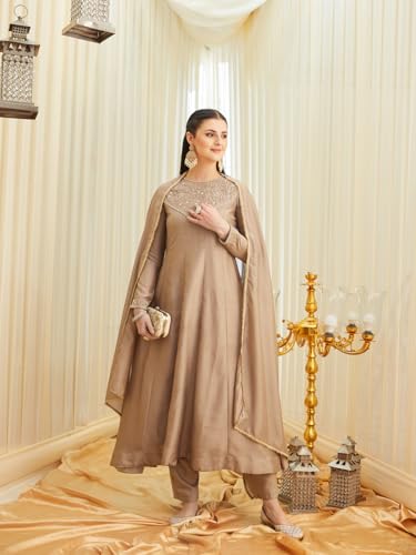 Image of MOKOSH Women's Silk Hand Work Anarkali Kurta Pant with Dupatta | Anarkali Kurta Pant | Embroidered | Round Neck Full Sleeve | 3 Piece Outfit | Ethnic Wear