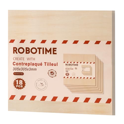 ROBOTIME 18 Pièces Tilleul Placages en Contreplaqué, 305x305x3mm, Planche Bois Brut, Panneau Feuille Découpe Laser, Idéal Pour Peinture, Pyrogravure, Bricolage Fabrication De Maquettes