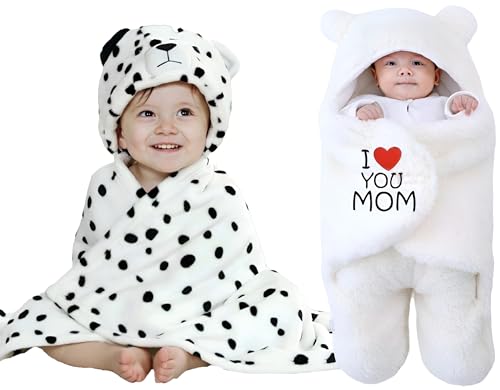 Image of Swissberry Baby Bedding Sets, Blankets Newborn Pack of Hooded Wrapper, Swaddler for Baby Boys and Girls, 0-6 Months, L 80 cm x B 80 cm, Pack of 2 pcs (White Polka & White Mom)