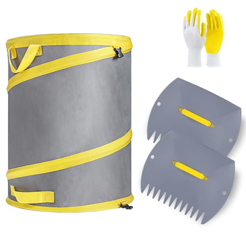 Jardineer 3Pcs Collapsible Garden Leaf Bag Set, Include 30-Gallon Pop Up Trash Can, Leaf Scoops and Gardening Glove, Resuable Yard Waste Container for Lawn Care and Camping