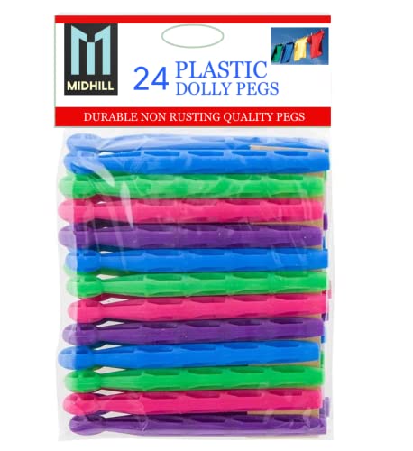 MIDHILL Pack of 24 PCS Dolly Pegs for Washing Line Multi-Coloured Extra Strong Hanging Clothes Pegs Indoor Outdoor Washing Pegs in Assorted Coloured
