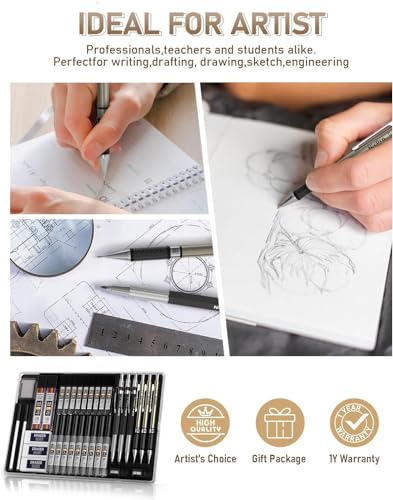Image of Nicpro 35-Piece Art Mechanical Pencil Set,Metal Pencils 0.5 & 0.7 & 0.9 mm and 3 Pieces 2 mm Lead Pencil with 20 Cans of Replacement Leads (Colours 6B,4B,2B HB,2H,4H) for Sketching and Drawing, gold