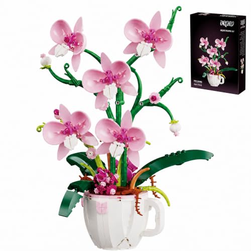 LQPFBSM Pink Orchid Botanical Building Set in Coffee Cup 567 Pcs Flower Bouquet Building Blocks Kit Elegant Home Office Desk Decor Creative Plant Craft Gift for Women Teens & Adults