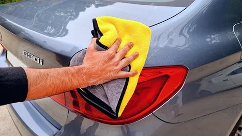 Image of SOFTSPUN Microfiber Cloth for Car Coral 800GSM 40X60cms 2 Pcs Yellow+Grey! Extra Thick Microfiber Cleaning Cloths Perfect for Bike, Auto, Cars Both Interior and Exterior.