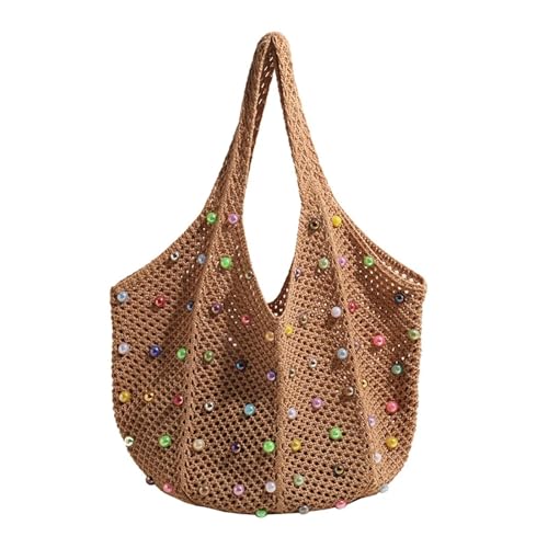 Women Knitting Shoulder Bag with Colored Beads Crochet Bag Large Capacity Beach Tote Bag Ladies Daily Handbag Straw Tote Bag