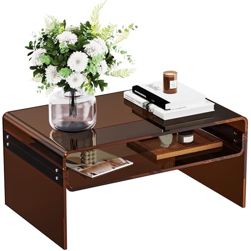 Acrylic Coffee Table for Living Room Clear Rectangle Lucite Table with Open Storage Shelf (1, Dark Brown, Large)