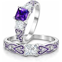Cherri Wedding Ring Set for Women by Ginger Lyne | Purple CZ Princess Cut Engagement Ring Set | White Gold Plated Bridal Rings| Matching Wedding Band | Elegant Bridal Jewelry or Her