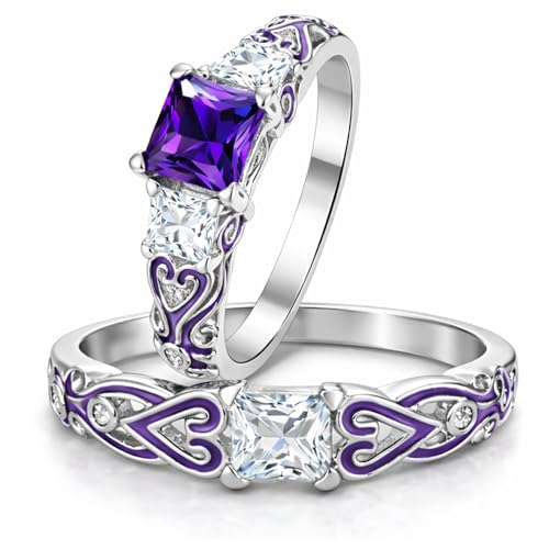 Cherri Wedding Ring Set for Women by Ginger Lyne | Purple Princess Cut Engagement Ring with Matching Wedding Band Cubic Zirconia Promise or Bridal Set