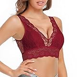 SHEKINI Womens Lace Padded Bralette Deep V Floral Wireless Bra Sexy Comfort Everyday Bra Wine Red