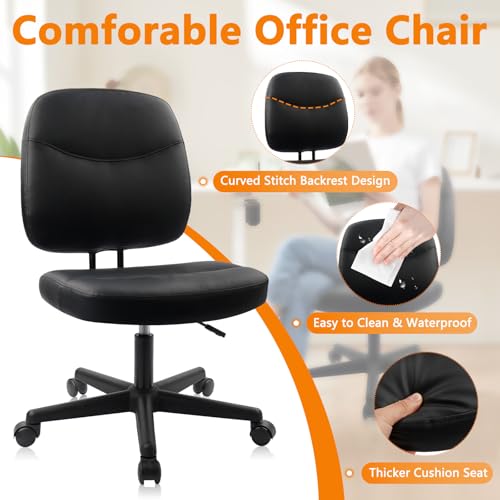 Image of CLATINA Armless Home Office Chair, Small PU Leather Ergonomic Low Back Desk Chair with Lumbar Support and Wheels, Adjustable Height 360 Swivel Rolling Computer Task Chair, Black, 6 Pack