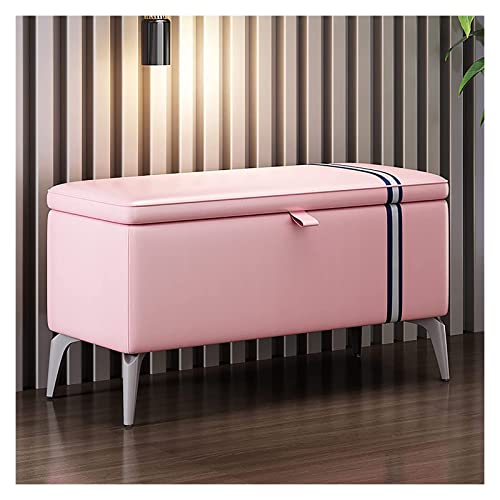 ALDEPO Zapatero de madera maciza, banco de almacenamiento multifuncional, banco otomano de almacenamiento de cuero, banco rectangular de zapatos de entrada con asiento acolchado, color rosa, 90 x 35 x