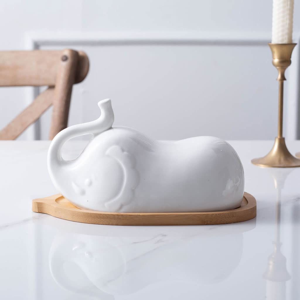 Beurrier avec couvercle - Beurrier créatif en céramique avec couvercle - Petit plateau en céramique - En forme d'éléphant - Beurrier blanc pur