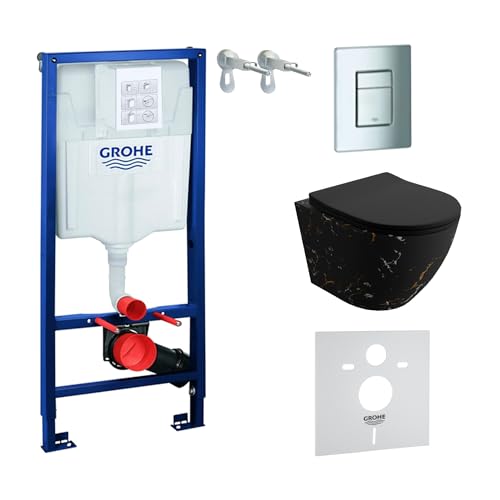 LAVITA | Élément mural Solido + WC suspendu mural Sofi Slim Fire noir sans bord + abattant WC SoftClose | Bouton chromé | Kit complet | Réservoir de chasse encastré | Kit complet | WC complet |