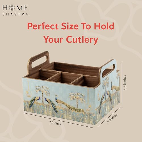Image of Wooden Cutlery Holder with Gold Engraving | Pack of 1 | Size : 9 x 7 x 5.5 inch | Enamel Coated Waterproof | Cutlery Holder for Dining Table | (Blue Peacock)
