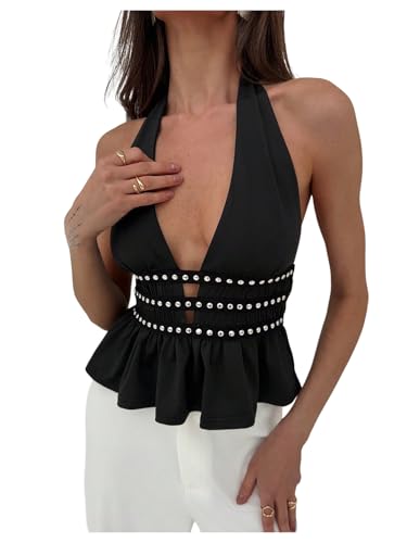 MakeMeChic Women's Metal Halter Tops Open Back Ruffle Hem Sleeveless Tank Clubwear