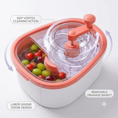 Image of Manual Fruit and Vegetable Cleaner Basket, Food Washer, Deep Cleaning Produce Rinse Bowl, Kitchen Strainer for Fruits and Vegitable, Pink