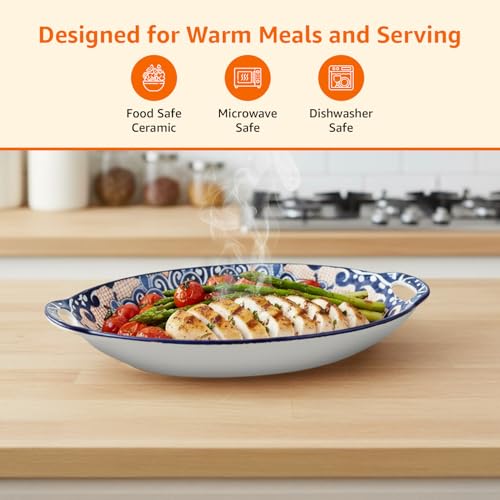 Image of Amazon Basics Ceramic Serving Platter with Handles | Blue Mandala Print Microwave & Dishwasher Safe Serveware | Ideal for Gifting, Serving Snacks, Appetizers, Salads, Starters & Noodles (10.8 Inch)