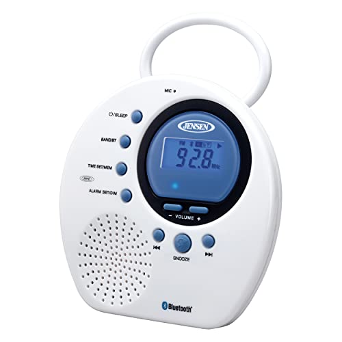 Jensen JWM-160 Water-Resistant Digital AM/FM Bluetooth Shower Clock Radio, Blue