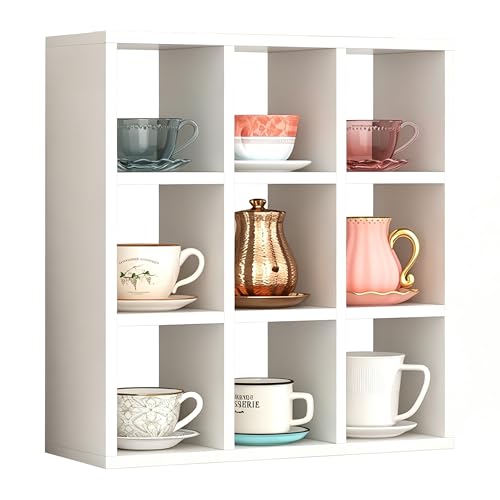 Helsin Regal für Kaffeetassen mit 9 Fächern 40 6 cm Wandmontage Holz Curio-Schattenbox-Regal Tassen-Schweberegale Display und Organizer (weiß)
