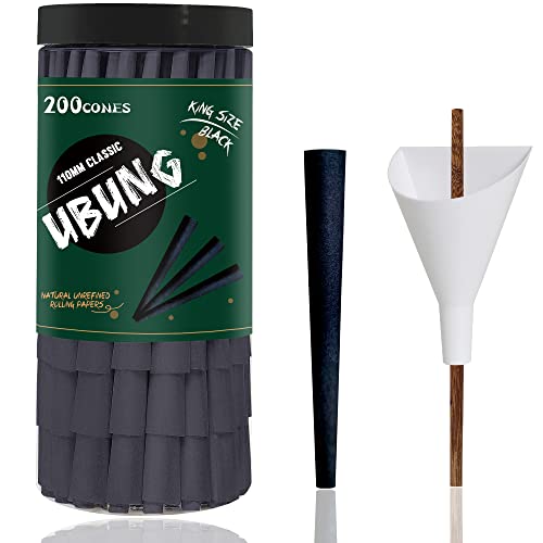 UBUNG Black Cones 200 Pcs, Classic King Size Black Slow Burning Pre Rolled Cones With Tips, Black Rolling Papers Cones, 1 Cone Loader Funnel and 1 Push Rod Included