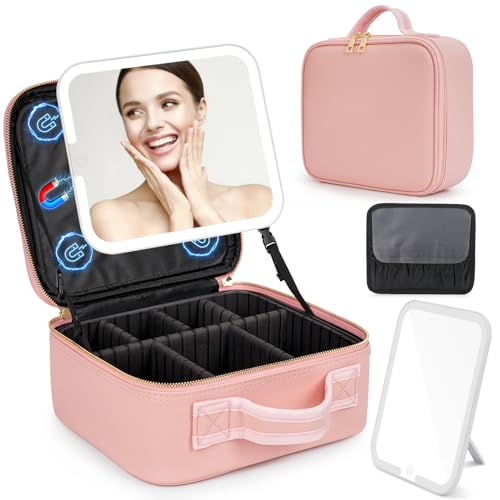 Estuche de Maquillaje con Espejo LED: 3 Modos de Luz Neceser con Espejo y Luz - Portátil Bolsa de Maquillaje Grande con Espejo Extraíble Magnéticamente - Rosa