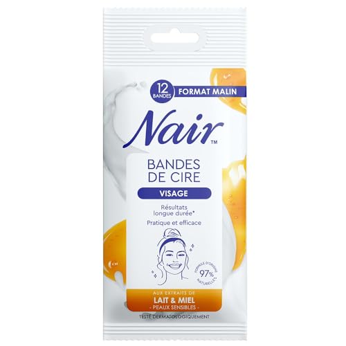 NAIR - Bandes De Cire Visage, à l'Extrait de Lait & Miel, Peaux Sensibles, Sachet Nomade 12 Bandes