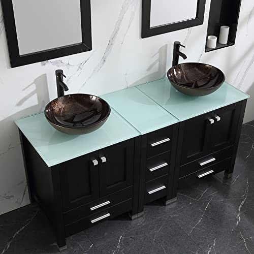 Sliverylake 60" Black Mdf Double Sink Bathroom Vanity Storage Cabinet And Vessel Sink Bowl With Mirrors Faucet Drain Combo(Gold) #TOP3