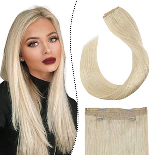 Ugeat Blonde Halo Hair Extensions 20Inch Human Hair Halo Extensions 100Gram Invisible Wire Human Hair Extensions #60 Platinum Blonde Remy Human Hair Secret Wire Halo Extensions